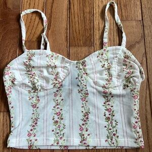 Forever 21 White Mesh Floral Bustier Crop Top with Pink Rose Vine